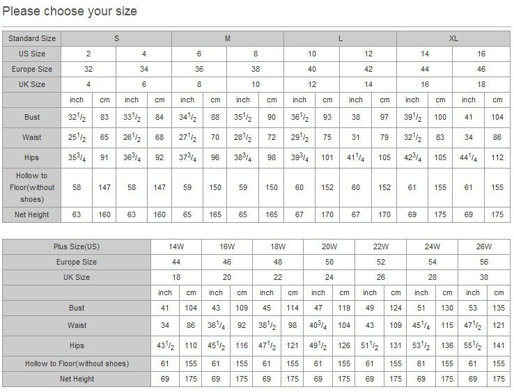 Bridesmaid Dress Size Chart