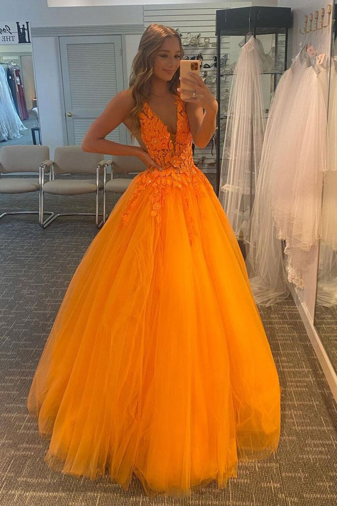 Spaghetti Straps Orange Sequins Appliques Long Prom Dress, 41% OFF
