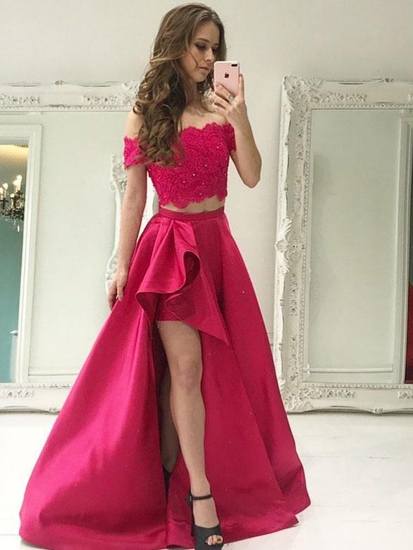 Chic 2 Pieces Lace Hi lo Skirt Prom Dress Formal Dresses With