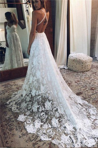 Princess Backless White Lace Tulle Halter Beach Bridal Wedding Dresses –  Laurafashionshop