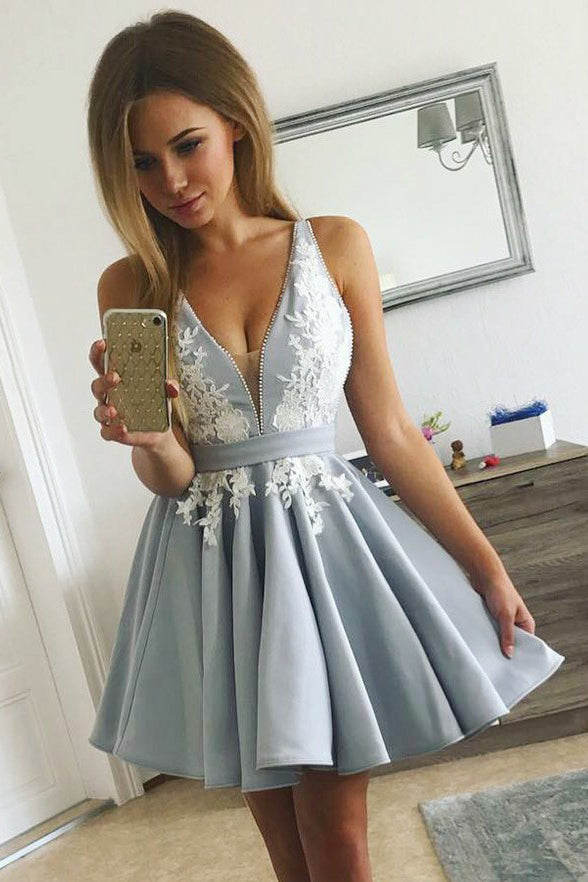 V Neck Lace Appliques Short Prom Homecoming Dresses Graduation Dress –  Laurafashionshop