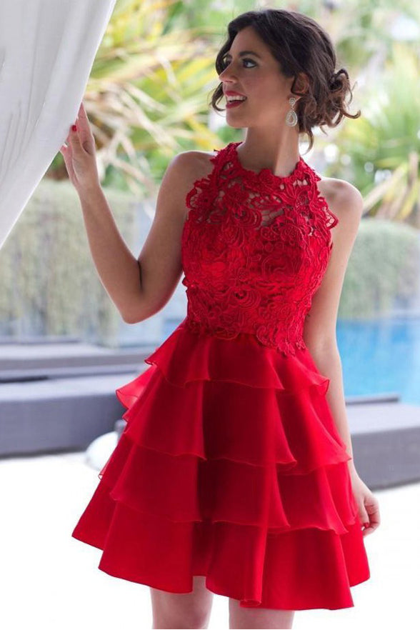 Red Lace Homecoming Dresses Jewel Neck Tiered Skirt Capped Sleeves Mini  Cocktail Party Dress Ball Gown Custom Made Short Prom Gowns From  Freedomlife, $86.44