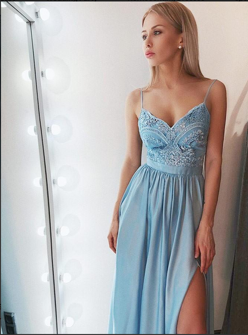 Simple Light Blue Spaghetti Strap Prom Dresses with Pockets FD1551