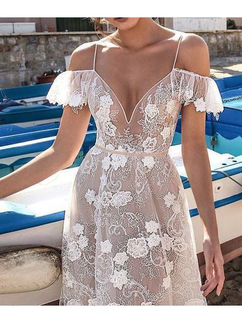 Sexy Open Back Off The Shoulder Lace V Neck See Through Wedding Dress Laurafashionshop 7010