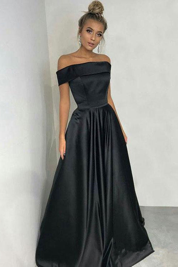 A line Off the Shoulder Black Satin Long Prom Dresses Formal Dress