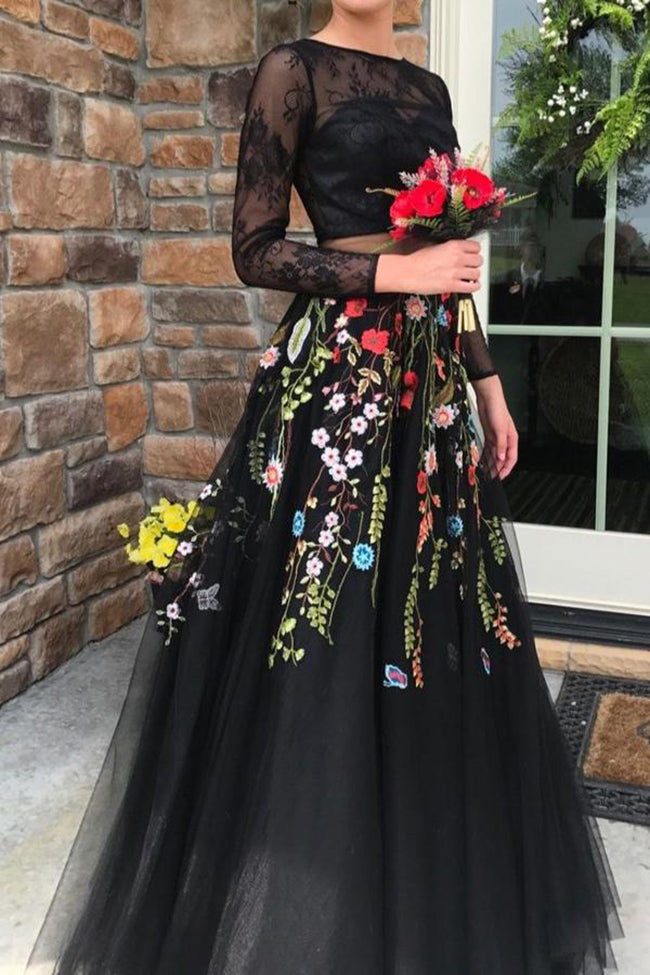 Two piece long sleeve top with lace long prom dress,formal dress