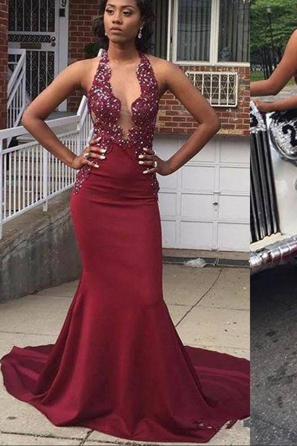 Mermaid V Neck Backless Burgundy Lace Long Prom Dresses with