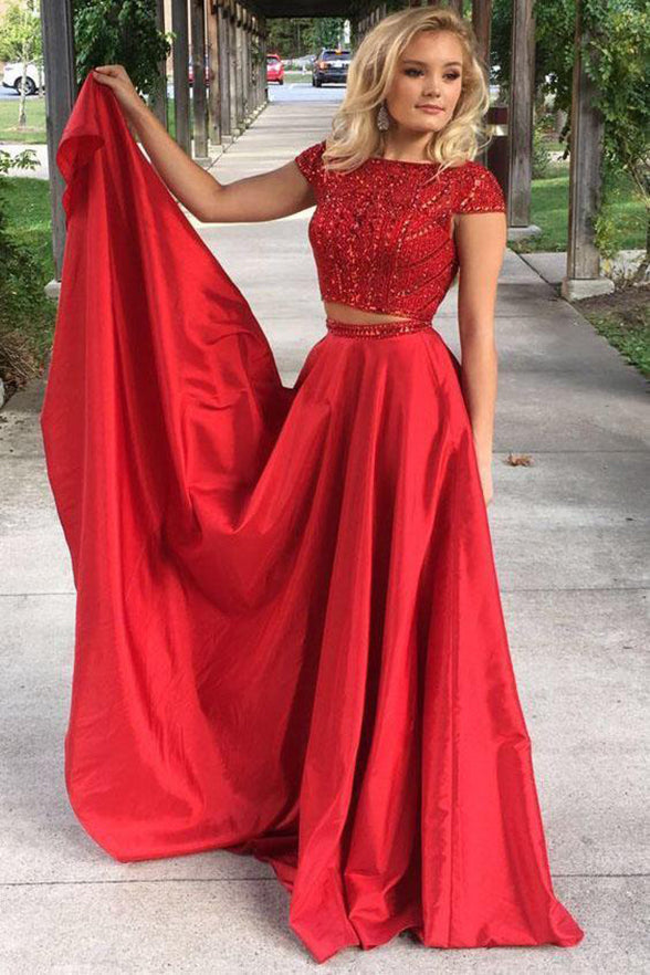 Two Piece Cap Sleeves Red Long Formal Prom Dress Evening Party Dresses –  Laurafashionshop