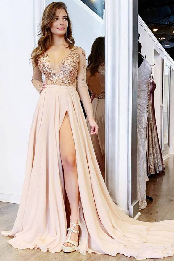 Long Sleeve V-Neck See Through Backless Lace Applique Slit Tulle