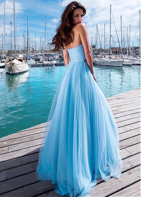 Chic A-line Strapless Light Sky Blue Satin Long Prom Dresses Cheap Evening  Dress CBD275