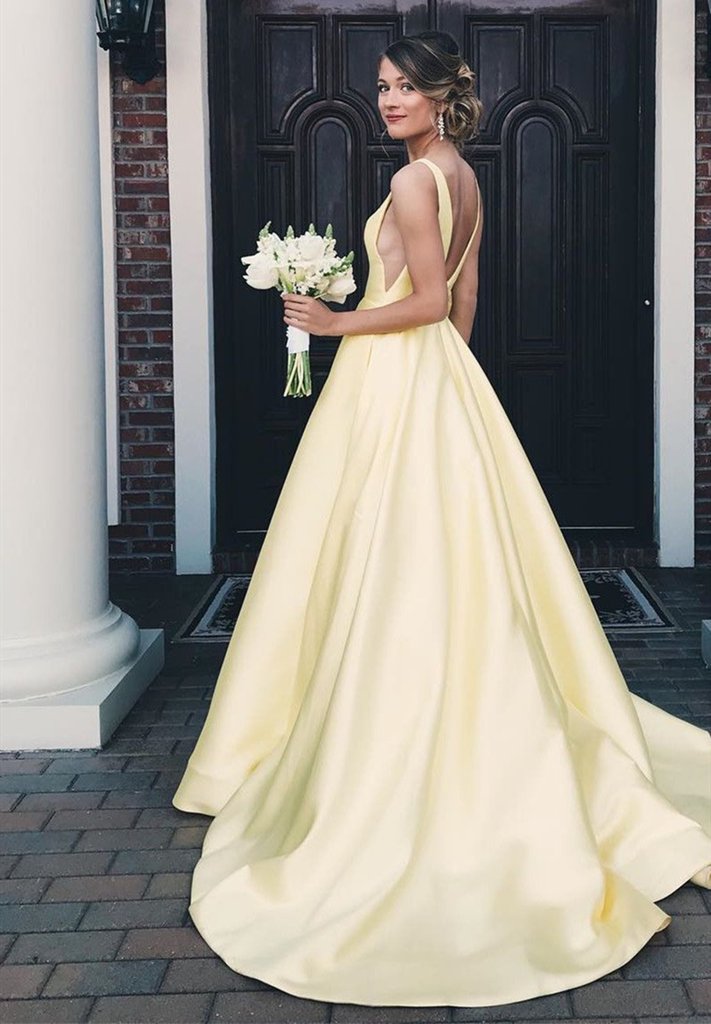 Simple v neck satin yellow long prom dress yellow evening dress