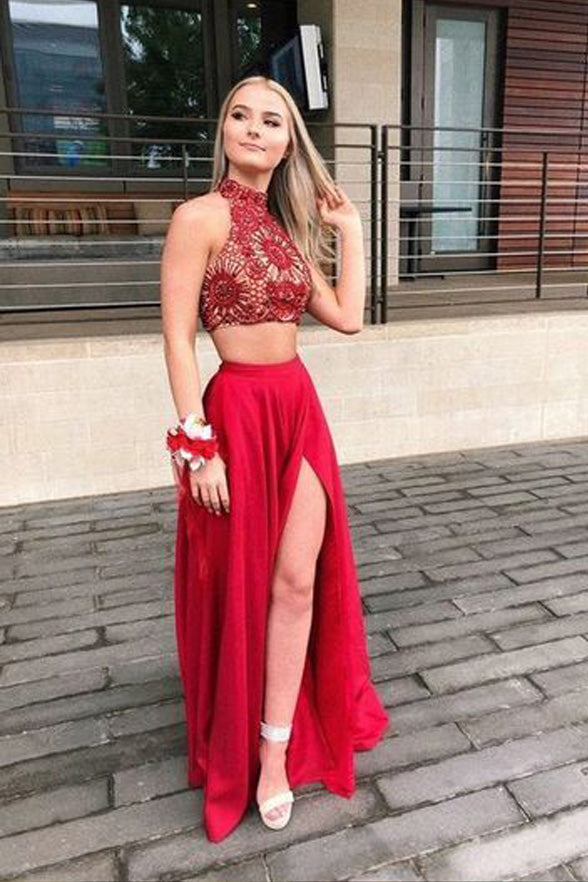 Two Piece Lace High Split Prom Dresses Formal Evening –
