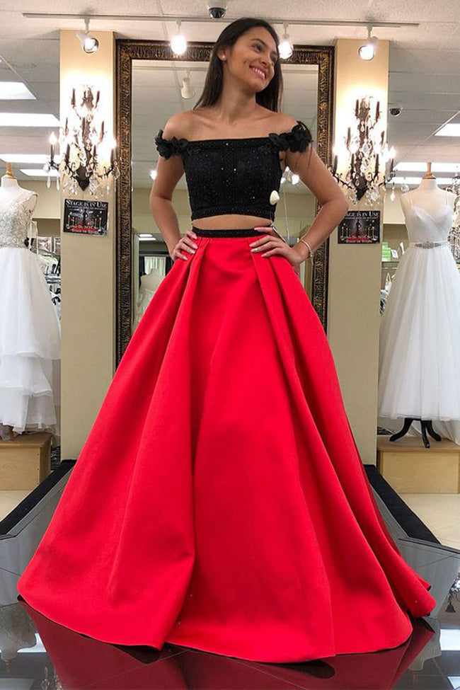 Two Piece Black Red Satin Dresses Formal Evening Dress LD – Laurafashionshop