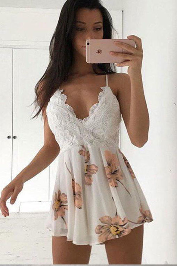 White Lace Spaghetti Straps Homecoming Dresses, MH532