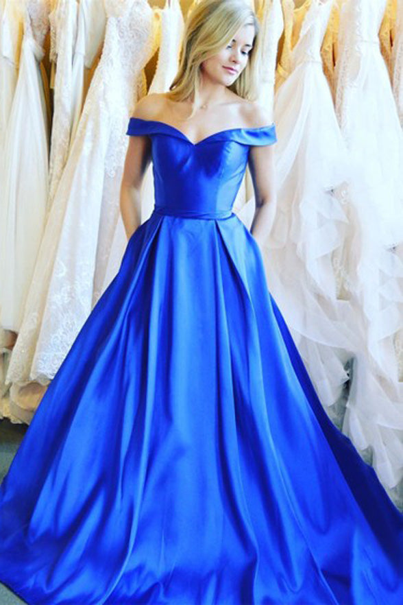 Simple Royal Blue Satin Cheap Prom Dresses Formal Evening Dress