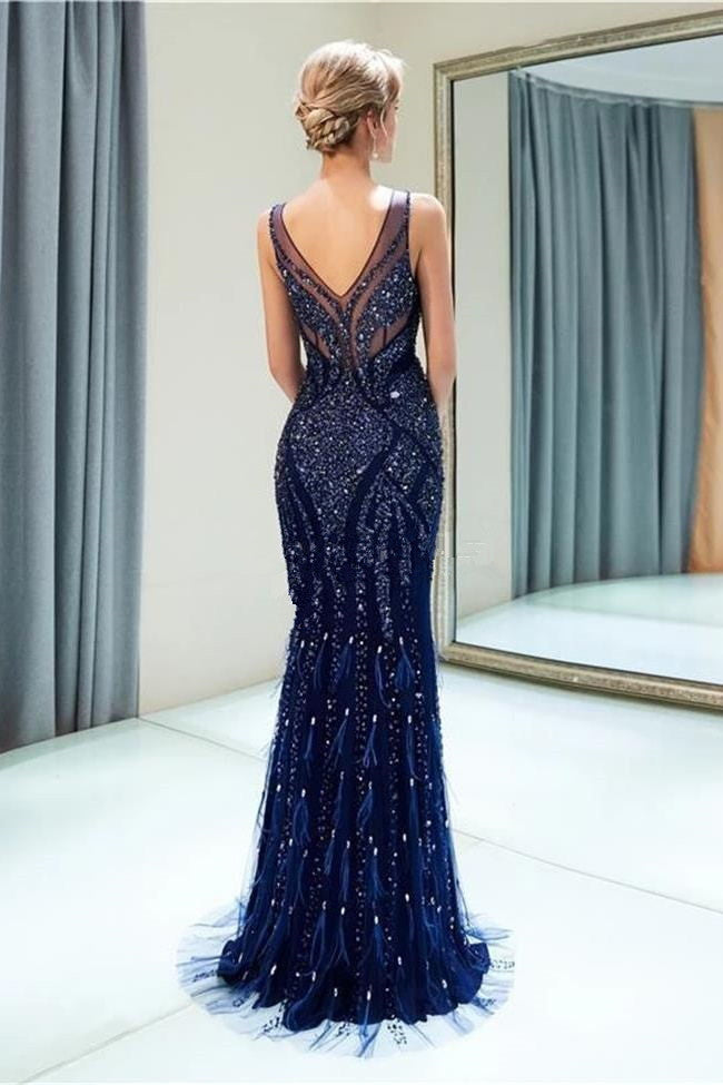 New Feather Beaded Dark Blue Mermaid Prom Dresses Evening Dress