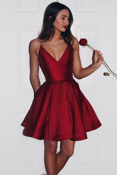 V Neck Elegant Burgundy Spaghetti Straps Short Prom Dresses