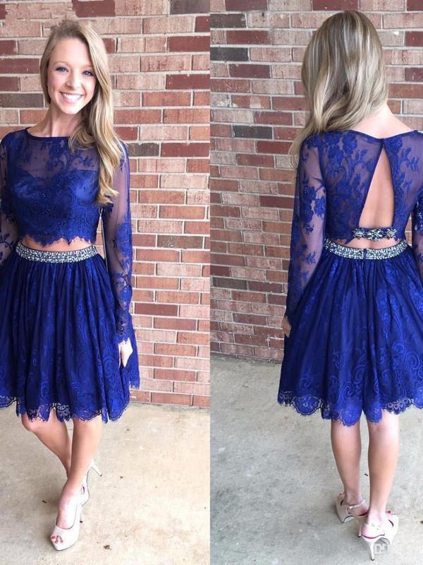 Lace Two Piece Long Sleeve Short Prom Dresses Homecoming Party Cocktail  Gown New 