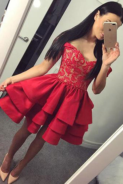 Red Lace Homecoming Dresses Jewel Neck Tiered Skirt Capped Sleeves