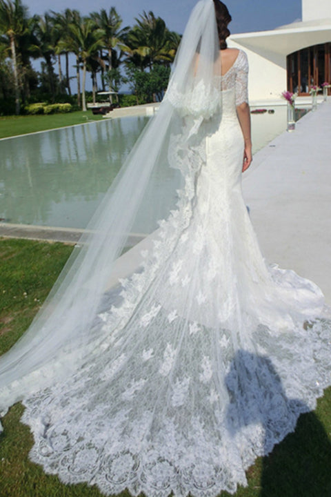 White Lace Half Sleeves Chapel Train Mermaid Wedding Dresses