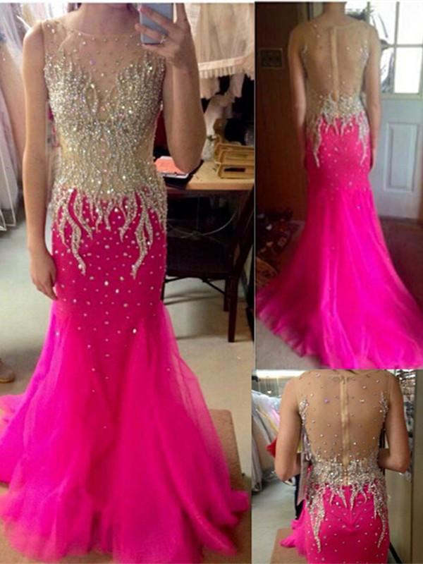 Hot Pink Beaded Prom Dresses