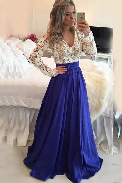 Royal Blue Long Sleeve Two Piece Prom Dress