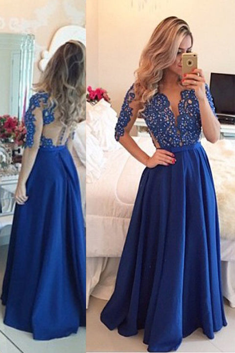 Blue Lace Open Back See Through Long Sleeve Evening Dress, Prom