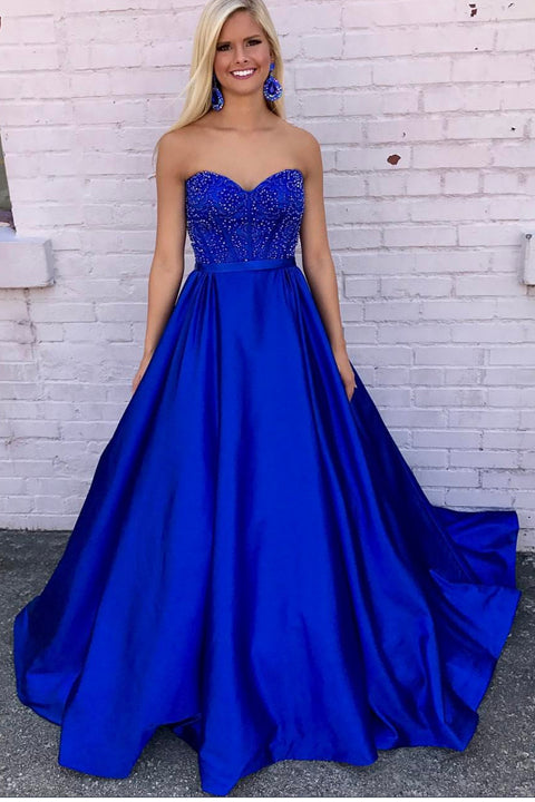 A Line V Neck Light Blue Royal Blue Prom Dresses, Blue Satin Long Formal  Graduation Dresses