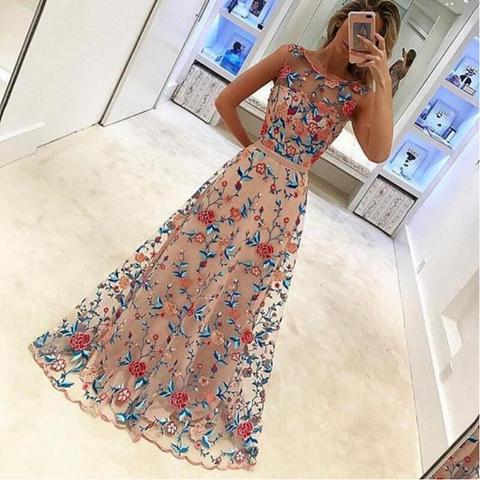 New Arrival Embroidery Lace Sleeveless Long Prom Dresses Evening