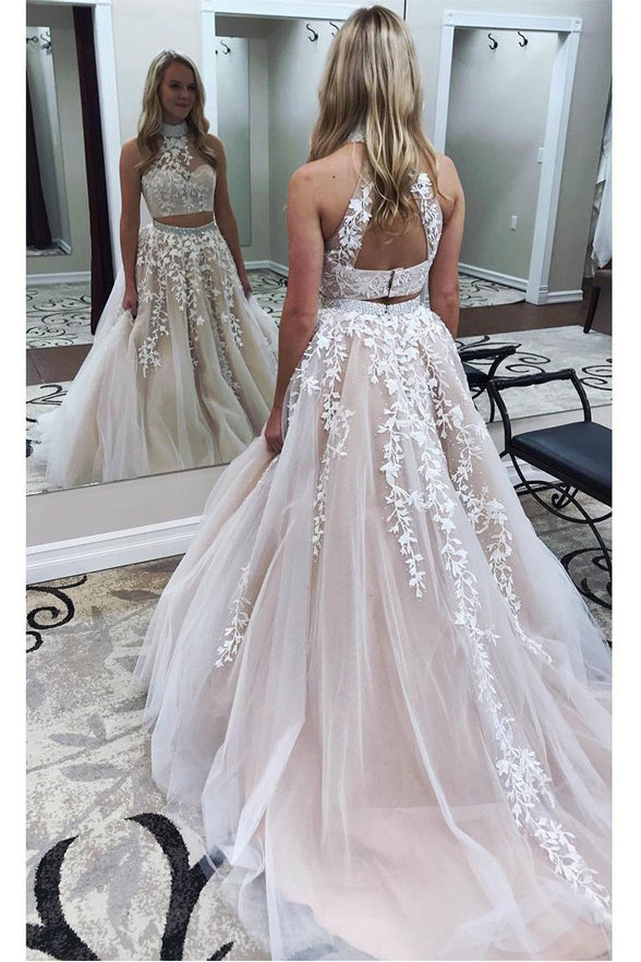 White lace two on sale piece prom dress