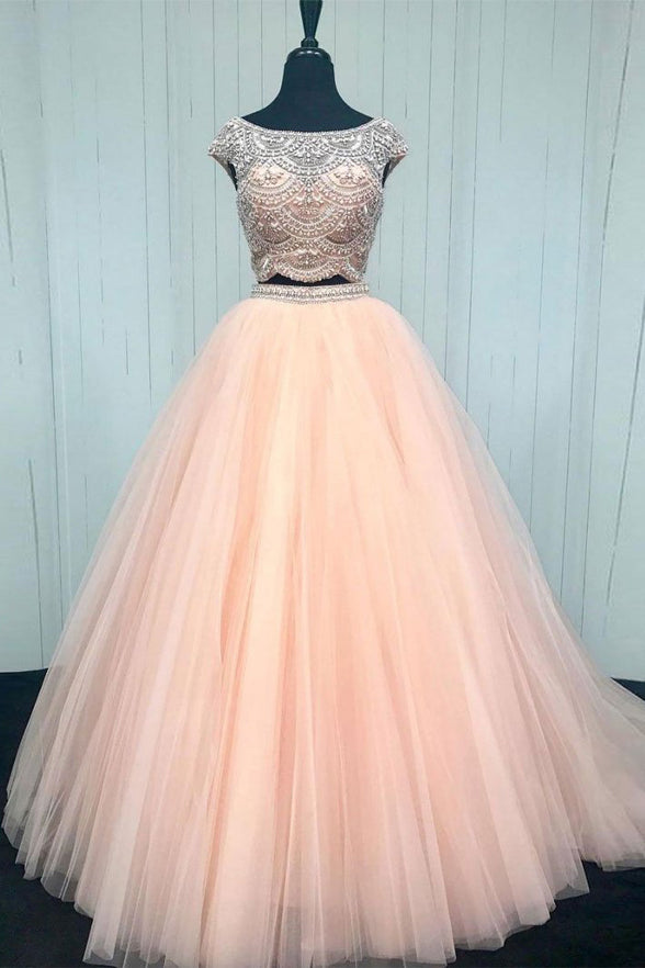 two piece rose gold prom dress