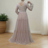 Flowy Tulle V-neck Long Sleeves Floor Length Wedding Dress