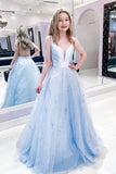 Spaghetti Straps Light Blue A Line Tulle Evening Dress Long Prom Dress