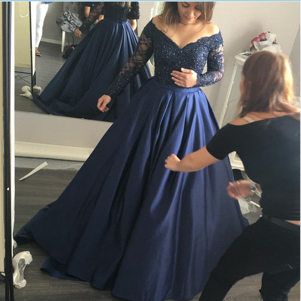 Lace Dark Blue Long Sleeves Quinceanera Dresses Evening Gowns Prom Dre ...