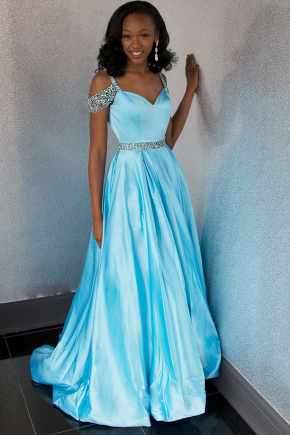 Light Blue Satin Off the Shoulder Plus Size Prom Dresses Formal Dress ...