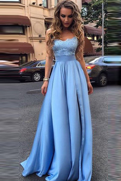 Shiny Strapless Light Blue Lace Long Prom Dresses with High Slit, Ligh –  Eip Collection