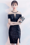 Chic Short Sleeves Black Sequin Mermaid Shiny Short Homecoming Dresses Prom Dress Party Gown