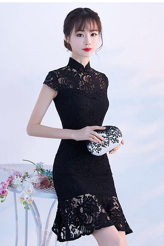 Cap Sleeves Black Lace Mermaid Stand Collar Short Homecoming Dresses Prom Dress