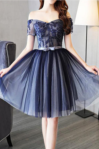 Charming Short Sleeves Navy Blue Appliques Beaded Homecoming Dresses Short Graduation Dress