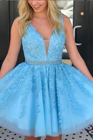 Charming Blue Lace Appliques V Neck Pearl Short  Homecoming Dress Prom Graduation Dresses