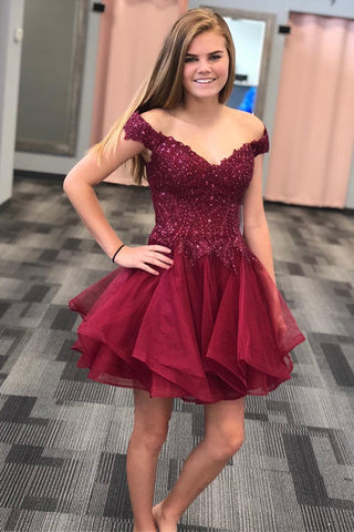 Burgundy Lace Off the Shoulder Beaded Mini Homecoming Dresses Hoco Prom Dress