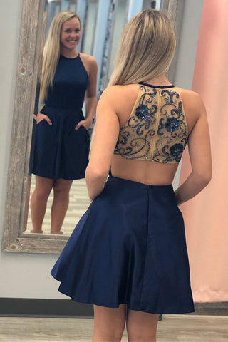 Fashion Open Back Navy Blue Beaded Short Homecoming Dresses Hoco Dress With Pocket