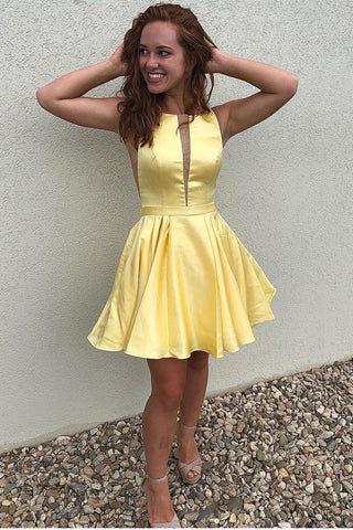 New Arrival Deep V Neck Yellow Satin Cheap Homecoming Dresses Short Hoco Prom Dress