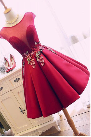 Cap Sleeves Open Back Burgundy Appliques Homecoming Dresses Short Prom Dress