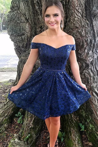 Sexy Off the Shoulder Dark Blue Lace Homecoming Dresses Short Hoco Prom Dress