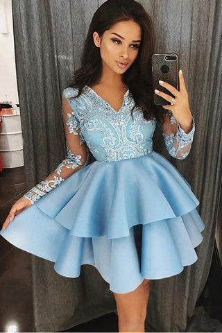 Long Sleeves Sky Blue Lace V Neck Short Homecoming Dresses Graduation Hoco Dress