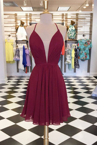 Burgundy Homecoming Dresses,Backless Homecoming Dresses,Deep V Neck Graduation Hoco Dress