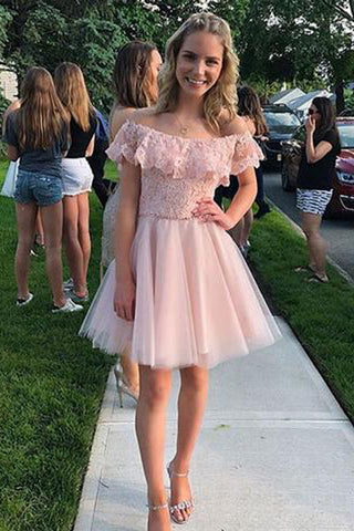 Fashion Off the Shoulder Pink Lace Tulle Short Cheap Homecoming Dresses Prom Hoco Dress