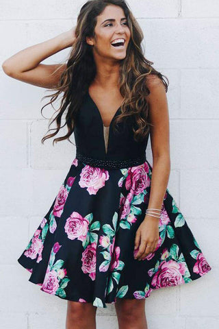 Fashion Deep V Neck Black Printed Beaded Homecoming Dresses Mini Length Prom Hoco Dress