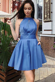 A Line Halter Royal Blue Backless Short Homecoming Dresses With Pocket